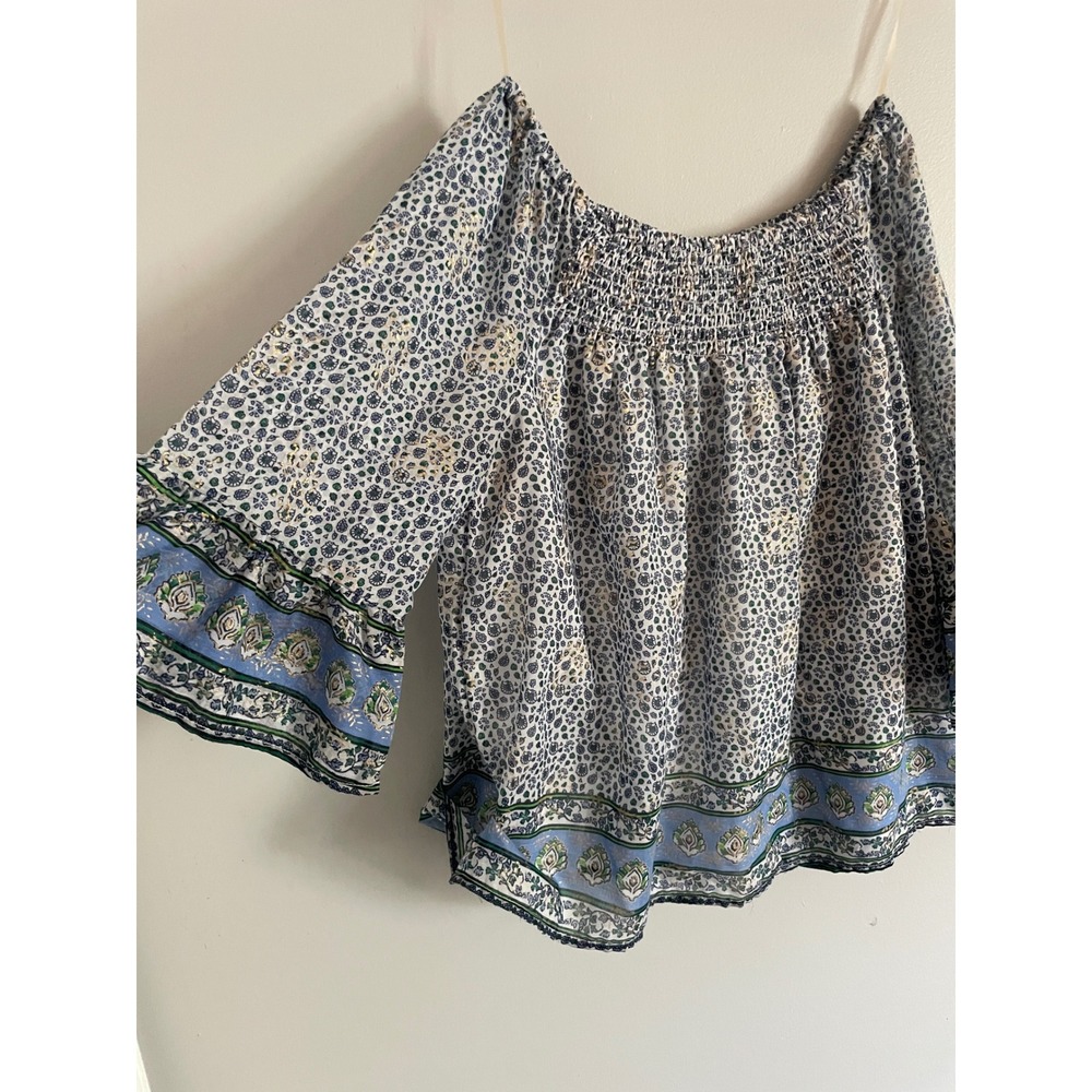 Beachlunchlounge Smocked Blouse Womens Large Blue Floral Bell Sleeve Boho Top